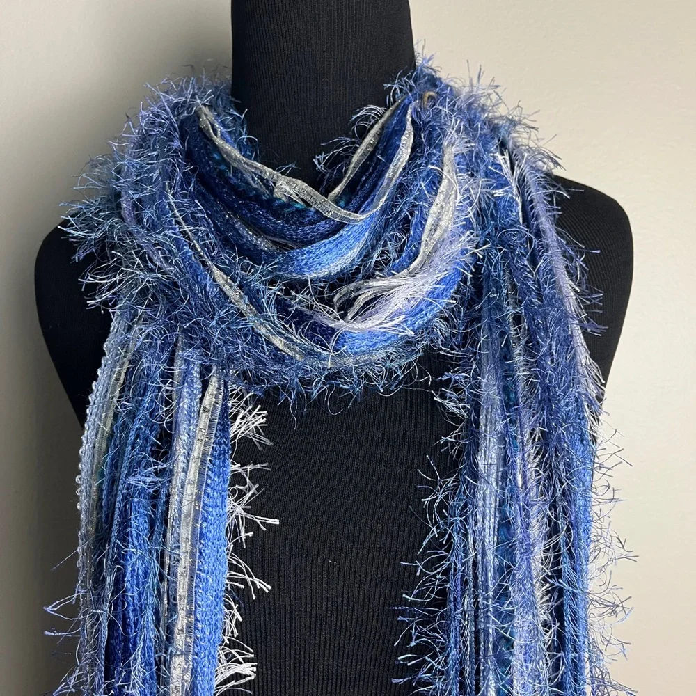 Blue and White Fringed Scarf - Picture 5 of 7